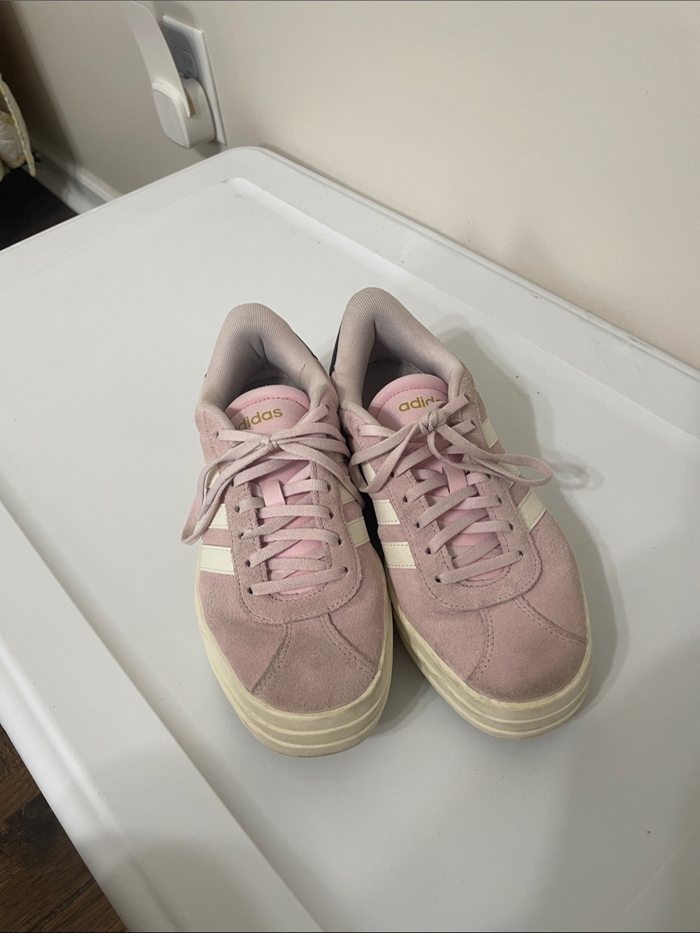 adidas Women's Light Pink Suede Platform Sneakers with Cream Stripes